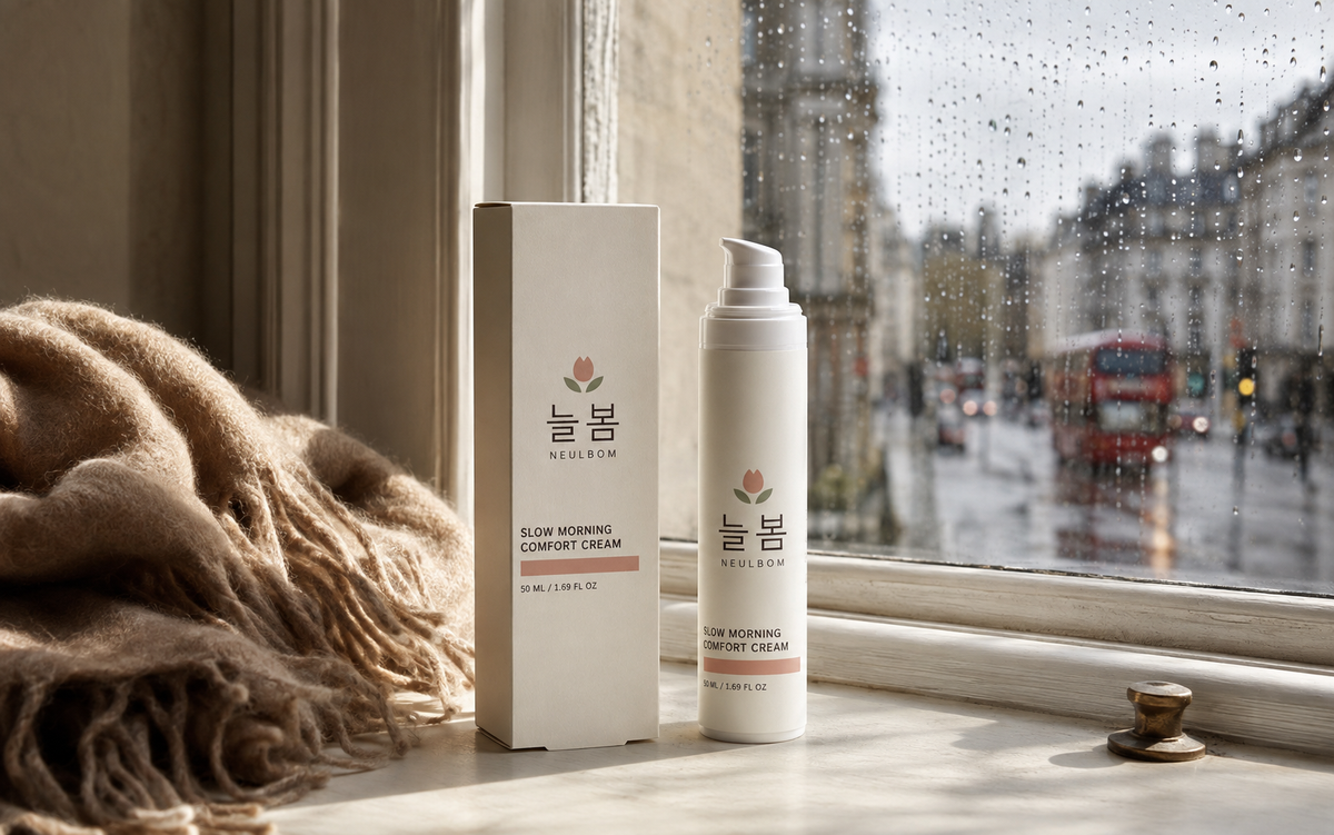NEULBOM moisturisers beside a rain-speckled London window