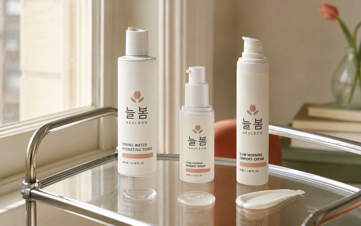 NEULBOM toner serum and moisturiser arranged in layering order