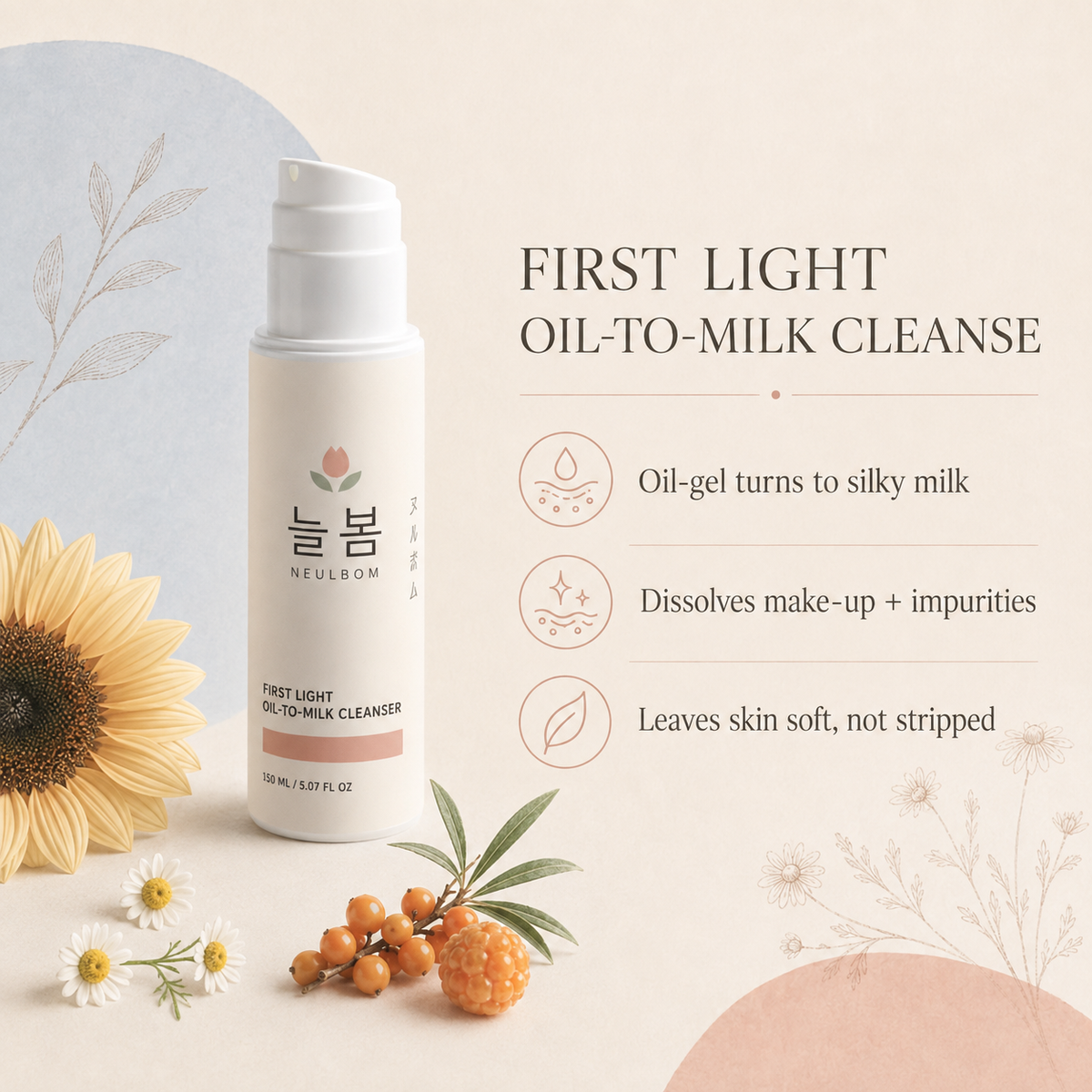 First Light Oil-To-Milk Cleanser benefits: silky milk texture, dissolves make-up and impurities, leaves skin soft
