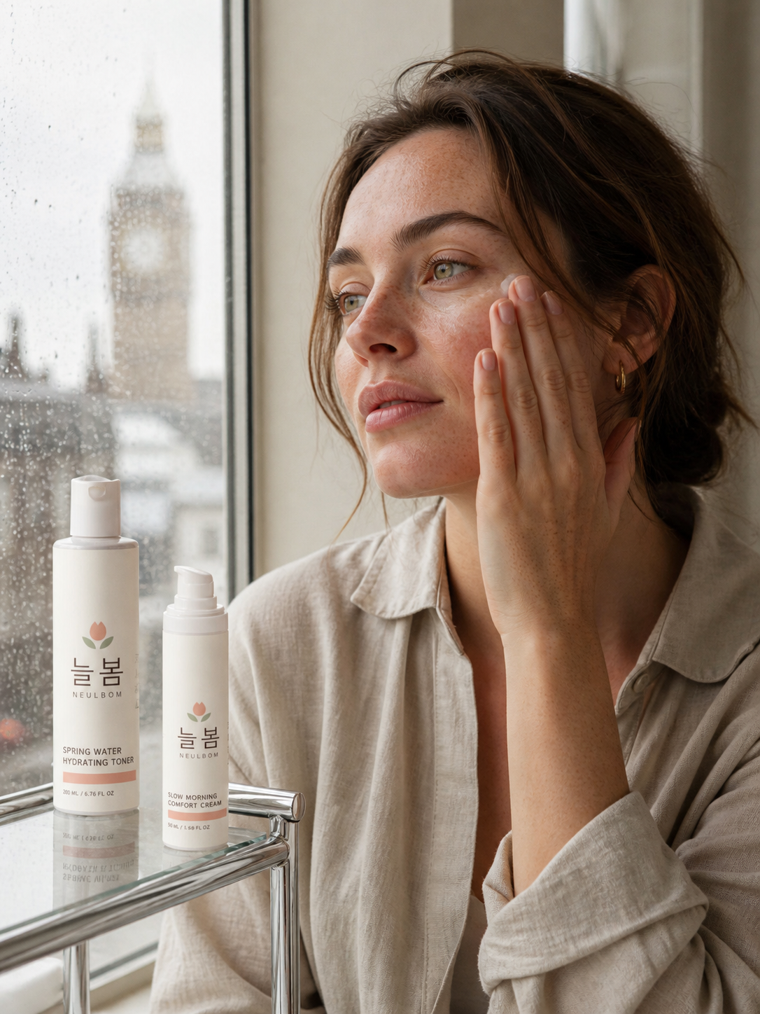 Woman applying skincare beside Spring Water Toner and Slow Morning Cream