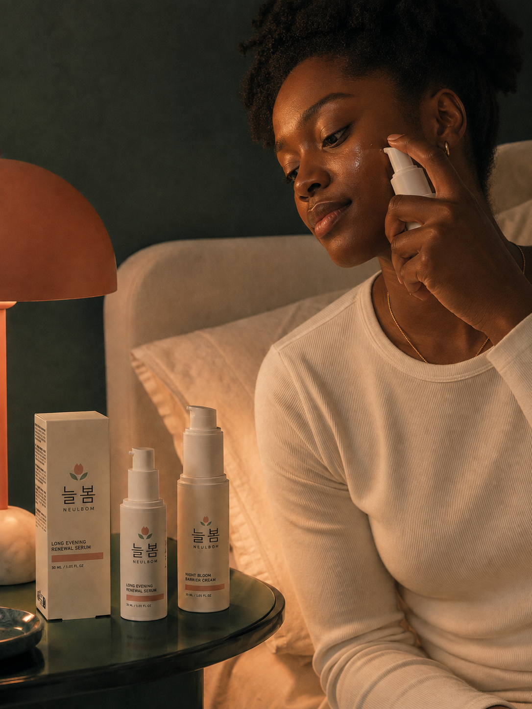 Woman applying evening skincare beside Long Evening Serum and Night Bloom Cream